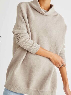 $168 FREE PEOPLE OTTOMAN Slouchy Ribbed Mock Neck Sweater Tunic in Ivory Comb S